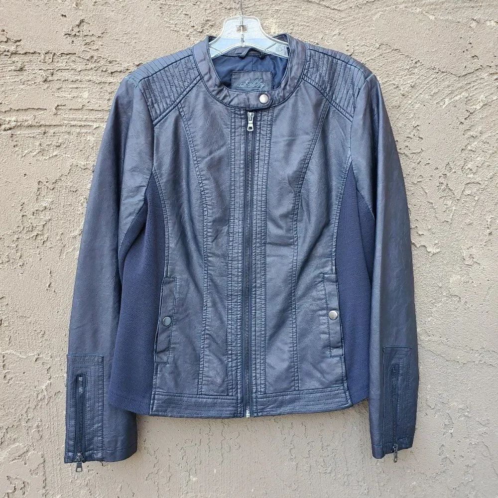 Sebby Collection blue faux leather moto jacket